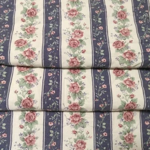 Vintage roses blue white striped floral cotton fabric Sewing W 53" - Picture 1 of 11