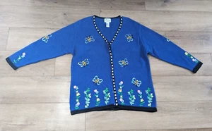 Vintage Quacker Factory Blue Floral Bumble Bee Button Up Cardigan Sweater Sz 1X - Picture 1 of 10