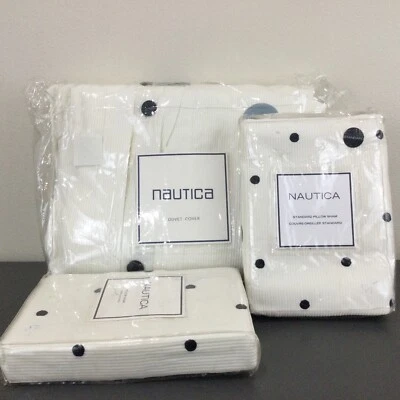 Nautica White Navy Blue Twin Duvet Cover Polka Dot Shams Nautical Buttons Ribbed - Image 1 of 4