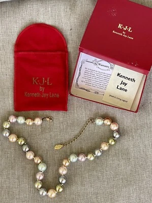 Kenneth Jay Lane KJL 粉彩玻璃人造珍珠多色项链 19-22 英寸 — 第 1/4 张图片