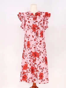 ZARA 100% Linen Pink Red Floral Shirt Midi Dress Flutter Sleeves Size S - Picture 1 of 8