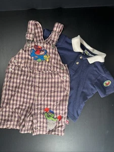 Vtg 90’s Sesame Street Boys 2T Overall Shorts And Shirt Outfit Elmo Oscar - Picture 1 of 15