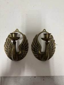 Pair Of Gorgeous Vintage Brass Wall Sconce Swan Bird Gold 6x4” Candle Holders BH - Picture 1 of 6