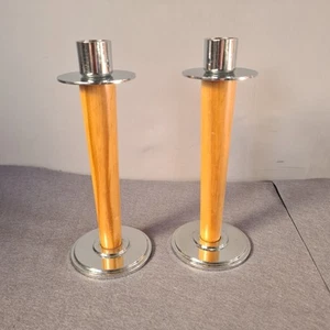 Vintage MCM Candle Holders Sticks Wood Teak & Metal Taiwan Pair Sleek 20 cm - Picture 1 of 7