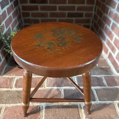 Antique L Hitchcock Hitchcockville CT Floral Wood Tripod Stool End Table Brown - Image 1 of 4