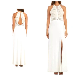 Abito da cocktail formale taglia 3 Maxi Morgan & Co Halter Illusion pizzo taglia 3 - Foto 1 di 11