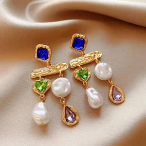 Rhinestone Asymmetrical Pearl Earrings for Women - Picture 1 of 13