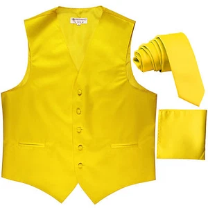 New Men's Yellow formal vest Tuxedo Waistcoat_2.5" necktie & hankie set wedding - Picture 1 of 4