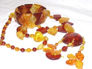 Handwerker Eiche Bernstein Perlen Halskette & dehnbare Manschette Armband Set geometrisches Design - Bild 1 von 6