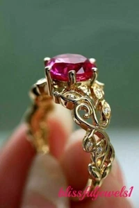 1.49CT Round Cut Real Pink Ruby 14K Yellow Gold Finish Engagement Wedding Ring - Picture 1 of 6