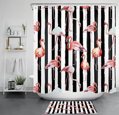 Black and White Striped Pink Flamingo Shower Curtain Bathroom Accessories Set - Image 1 of 4