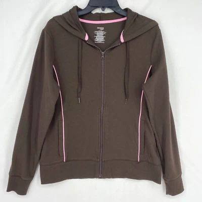 Chaqueta con Capucha Danskin Now Para Mujer Grande Cremallera Frontal Marrón Rosa Borde Bolsillos Elásticos Foto 1 de 4