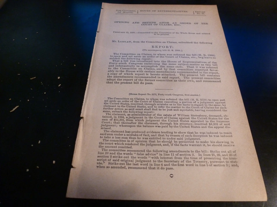 Government Report 1890 Opening & Setting Aside An Order Of The Court Of Claims Foto 1 de 1