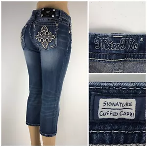 Miss Me Jeans 28 Signature Cuffed Capri Baumwollmischung Stretch verziert selten - Bild 1 von 10