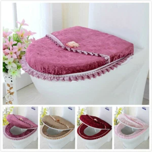 2Pcs Velvet Lace Toilet Seat Cover Winter Bathroom Lid Pads Closestool Mat - Picture 1 of 17