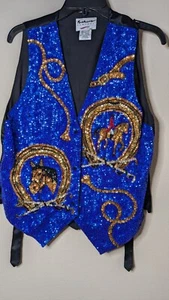 Vintage Sequin Vest Bucking Horse Western Cowboy Rodeo Gem XL Blue - Picture 1 of 7