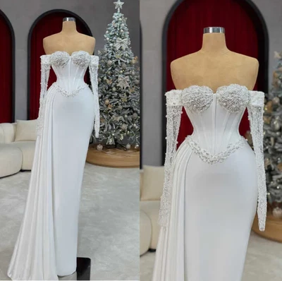 Vestidos de noiva bainha sereia fora do ombro manga longa pérolas vestido de noiva - Imagem 1 de 4