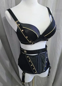 Honey Birdette Georgia Bra 12C Garter Belt M Black & Gold Burlesque Dom - Foto 1 di 17