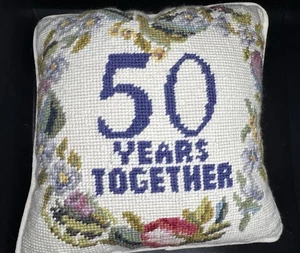 Needlepoint 50 Years Together Pillow 9” Square Velvet Back - Picture 1 of 3