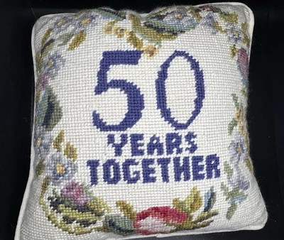Needlepoint 50 Years Together Pillow 9” Square Velvet Back - Image 1 of 3