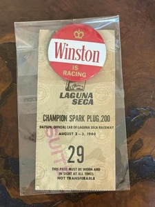 Vintage 1980 Laguna Seca Pass + Winston Racing Pin Champion Spark Plug 200, NOS - Picture 1 of 4