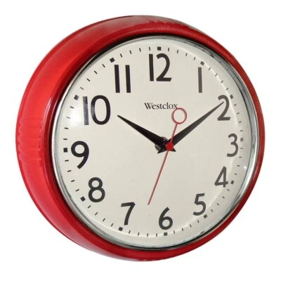 BRANDED 9.5 In. Red Retro Wall Clock | Westclox Kitchen Quartz Round Lens Decoration O