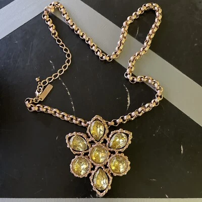 Vintage Oscar de la Renta Gold Plated Citrine Glass Pendant Brooch Necklace - Image 1 of 4