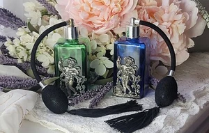 VINTAGE perfume bottles Gift Set pewter cherubs Atomizer Green Blue ART GLASS - Picture 1 of 16