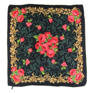 VTG Made In Korea 100% Silk Black Pink Green Rose Floral Square Scarf 40" X 40" - Picture 1 of 6