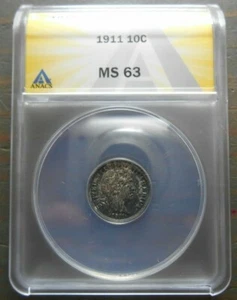 1911 Barber Dime 10c ANACS MS63 - Nice Uncirculated Coin - Picture 1 of 6