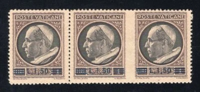 1945 Vatican City. SC#105 Var. Sass#94g. Mint, Never Hinged, FVF. Strip of 3 - Image 1 of 2