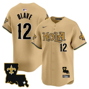Camiseta de béisbol cosida dorada NOLA de Chris Olave de los New Orleans Saints #12 - Imagen 1 de 2