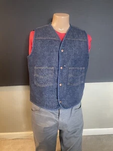Vtg 80s Denim Vest Sherpa Blue Western Sleeveless Jean Jacket Mens L Tall 42 44 - Picture 1 of 10