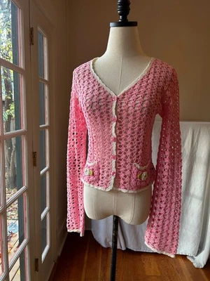 Vintage 90s Betsey Johnson New York Pink/White Crochet Cardigan Size S - Image 1 of 4