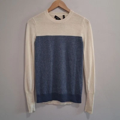 Theory Merino Wool Blue and Cream Colorblock Crewneck Sweater Size Small - Image 1 of 4