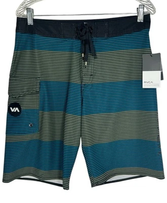 Pantalones Cortos de Tablero RVCA Civil Rayas Talla 30” Negro Azul Amarillo Rayas Logo Bordado Foto 1 de 4