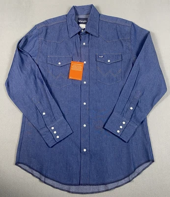 Camisa de mezclilla Wrangler corte vaquero perla azul a presión manga larga abotonada para hombre L nueva con etiquetas Foto 1 de 4