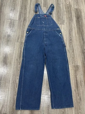Vintage Dickies Bib Overalls 40x32 Blue Denim Button Fly Made in USA Work Wear - Image 1 of 4