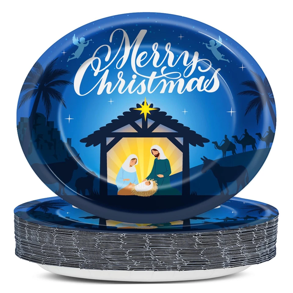 50Pcs Christmas Nativity Oval Plates 11 Inch Large Merry Christmas Tableware ... Foto 1 de 4