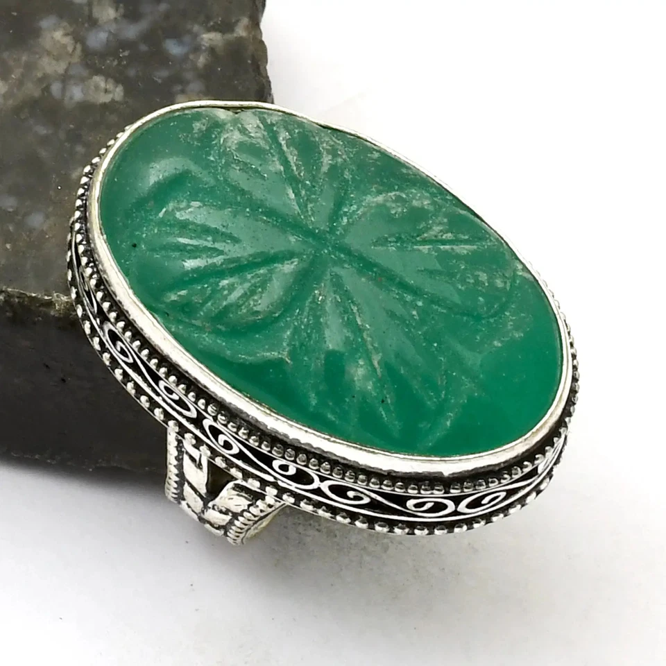 Этническое антикварное кольцо с искусственным изумрудом ювелирное изделие размер США - 8 AR 42028 - Изображение 1 из 1