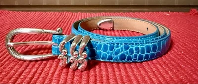 全新带盒 Brighton Aqua Blue 女式 M/L 32 皮带银色五金浮雕皮革 — 第 1/4 张图片