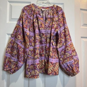 Anthropologie Let Me Be Peasant Top Purple Geometric Print Lace Boho Size Large - Picture 1 of 14