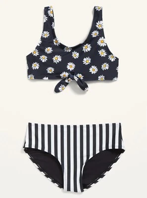 Antiguo conjunto de natación azul marino para niños niñas con corbata delantera y parte inferior de bikini a rayas margaritas XS Foto 1 de 2