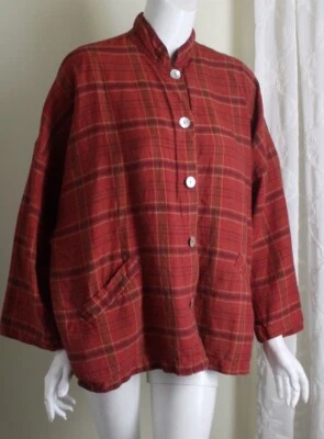 Bryn Walker Sz S Rich Red Plaid Oversized Shirt Jacket Linen Lagenlook - Image 1 of 4