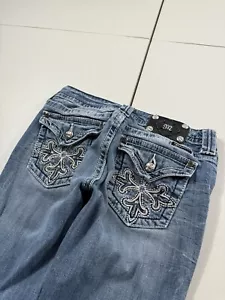 Miss Me Jeans Womens 29 Blue Boot Cross Grunge Rock Bedazzled Pocket Design Y2K - Picture 1 of 18