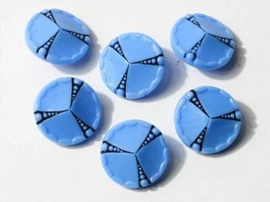 Lot (6) Czech Vintage Deco hand painted geometric blue glass buttons 18mm - Picture 1 of 2