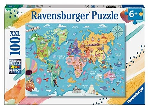 Ravensburger RVB13343 Puzzle da 100 Pezzi XXL - Mappa del Mondo