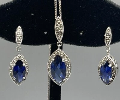 Marquise Cut Created Blue Sapphire Necklace & Earrings Set in 925 Silver - Image 1 of 4