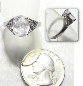 Vintage Large Sparkling Oval CZ Crystal Solitaire Ring, White Gold Plate Size 8  - Picture 1 of 3