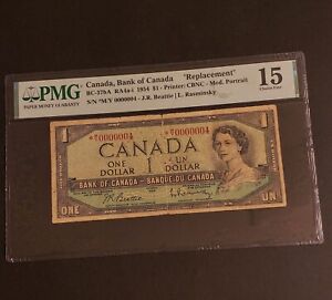 VERY RARE 1954 REPLACEMENT  Bank of Canada $1 LOW SERIAL # Banknote. SERIAL # 4.